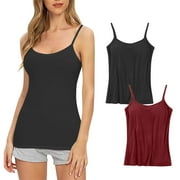 2 Pack Women Camisole with Built In Bra, Womens Adjustable Spaghetti Strap Cami Tanks Basic Padded Comfy Yoga Tops Black L